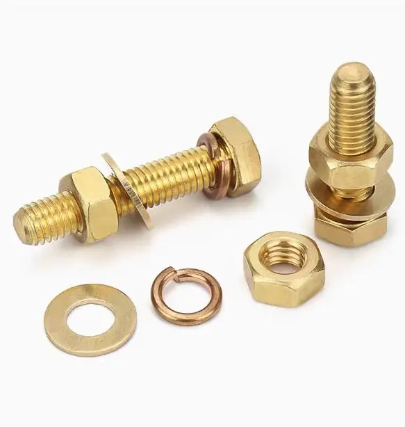 Copper hexagon bolt nut set brass flat washer spring washer combination bolts