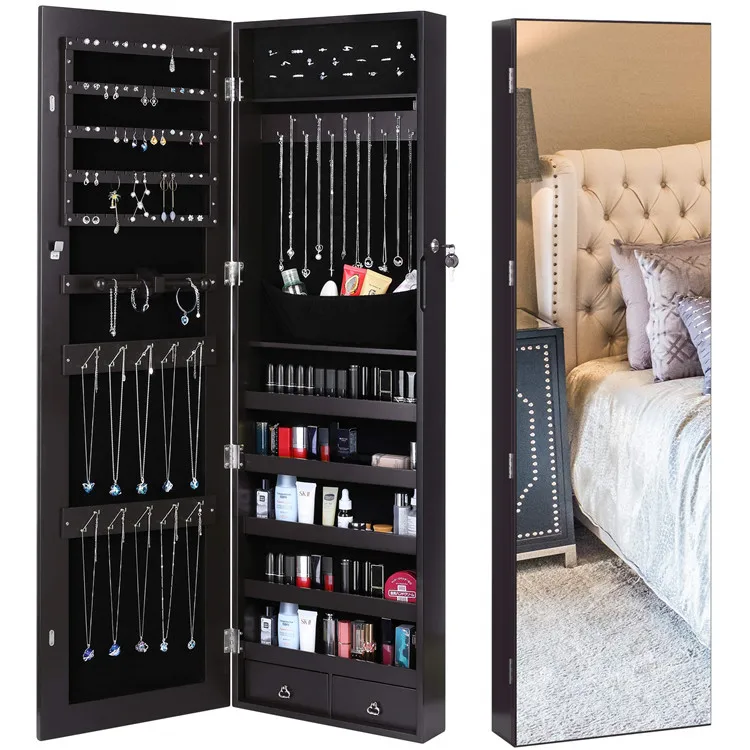 Lockable Standing Storage Jewelry Cabinet With Mirror