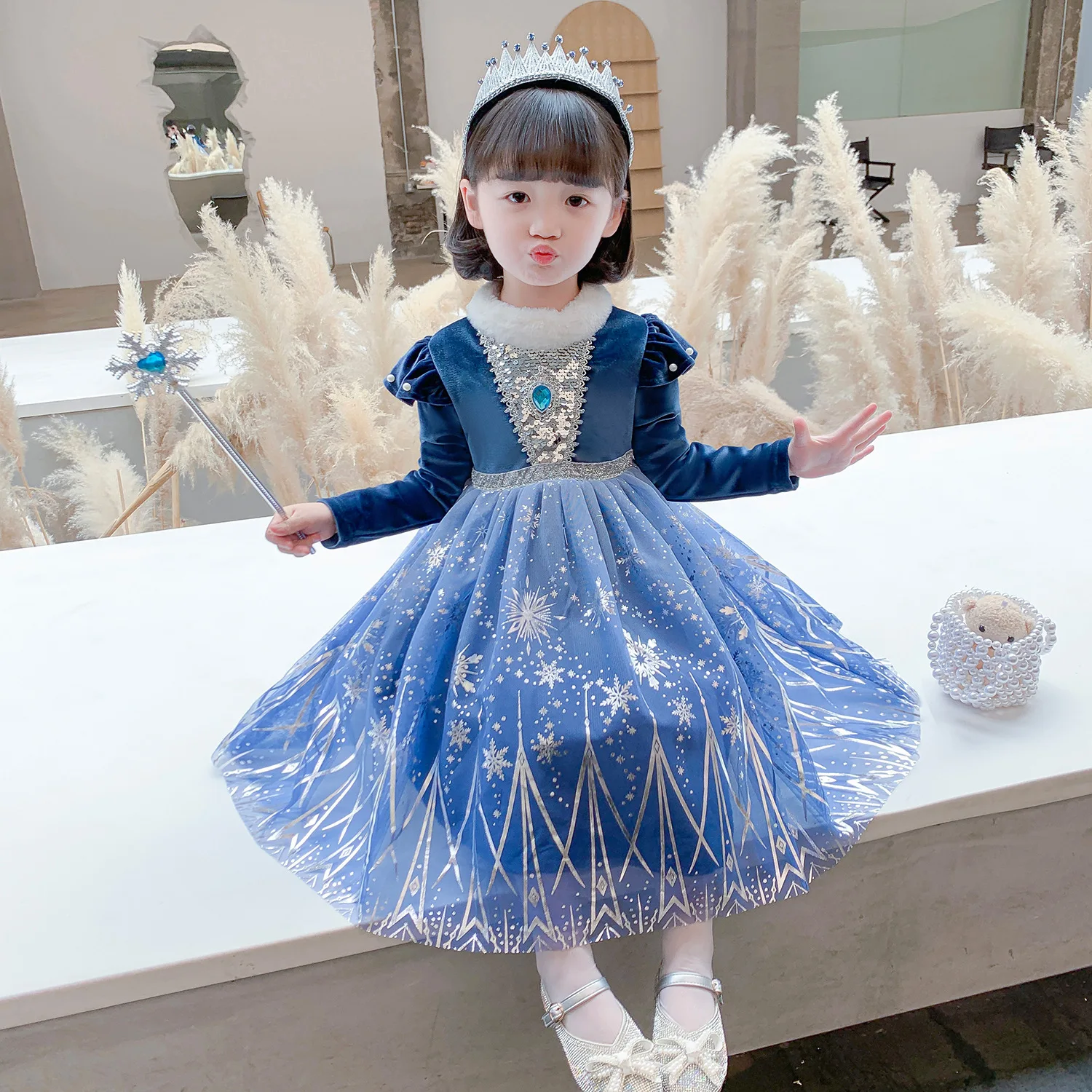 Baige Good Quality Velvet Sleeves Elsa Anna 2 Princess Dress Girls Party Dress With Removable cloak Movie characters For Winter