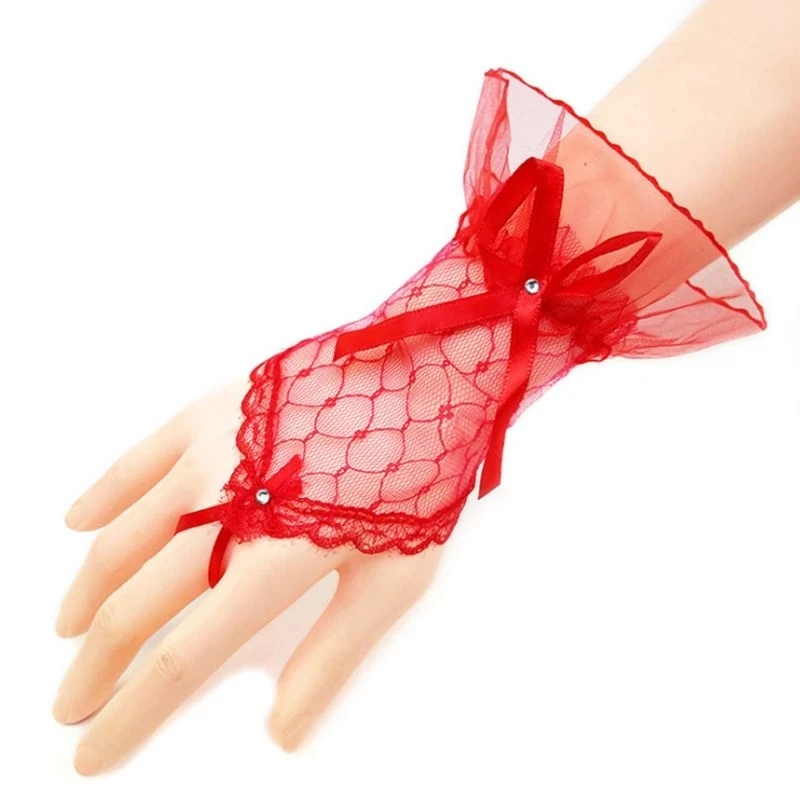  Women Bridal Wedding Short Fingerless Gloves Rhinestone Bowknot Sheer Mesh Lace Gauze Bridesmaids Sunscreen Hook Finger Mittens