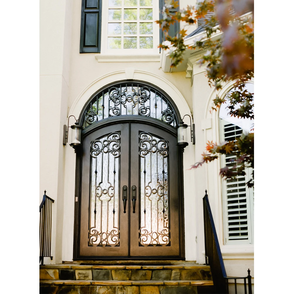 Modern arched wrought iron mian door with smart lock hurricane impact front entry security doors with tempered glass for villa