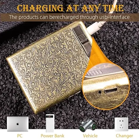 Metal Cigarette case Double Sided Spring Clip Open Pocket Holder with Electric Lighter for 85mm Cigarettes Case Holder