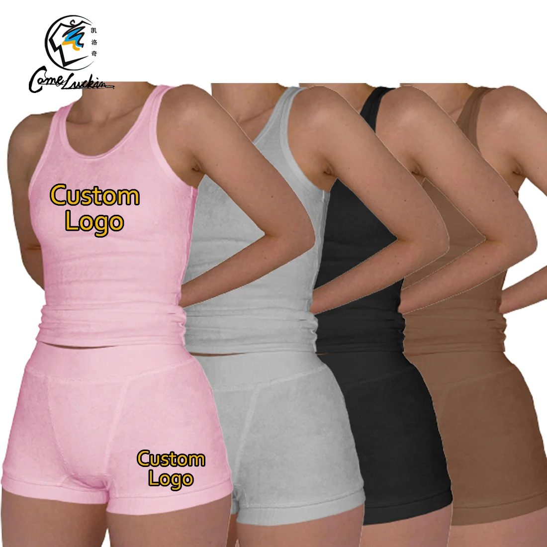 S-3XL Custom Embroidery Logo French Terry Set Tank Tops Lounge Sets Cotton Terry Towel Top Leggings Women Two Piece Shorts Set