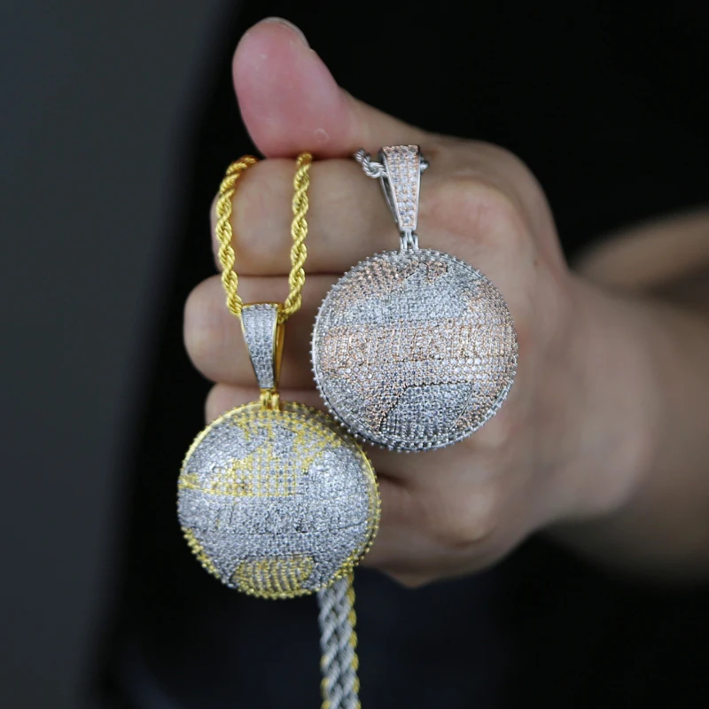 Hustlers World Globe Pendant Two Tone Gold Plated Micro Pave 5A CZ Round Map Hip Hop Men Necklace