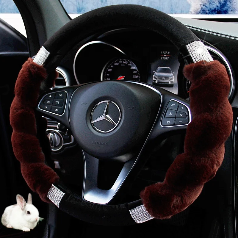 new arrival fancy plush winter warm coldproof universal fur bling rhinestone diamond car women steering wheel cover for