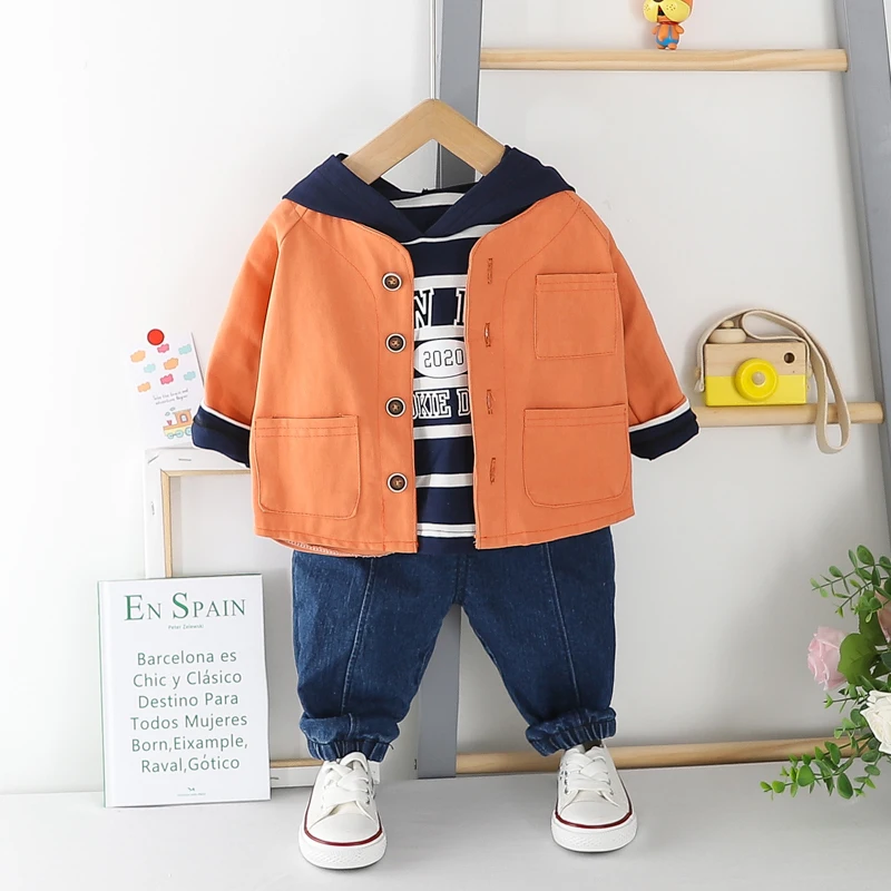 
New Design 2020 Spring Baby Girl Letter Stripe Hat Casual Three Pieces Set Kids Boy coat 