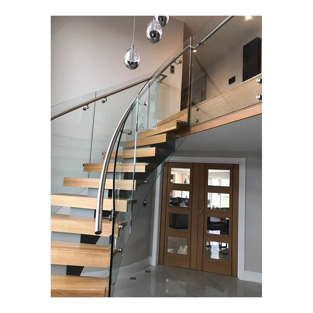 Commercial Internal Curved Staircase Glass Railing System Wood Step Arc Stair Single Beam Curved Stair