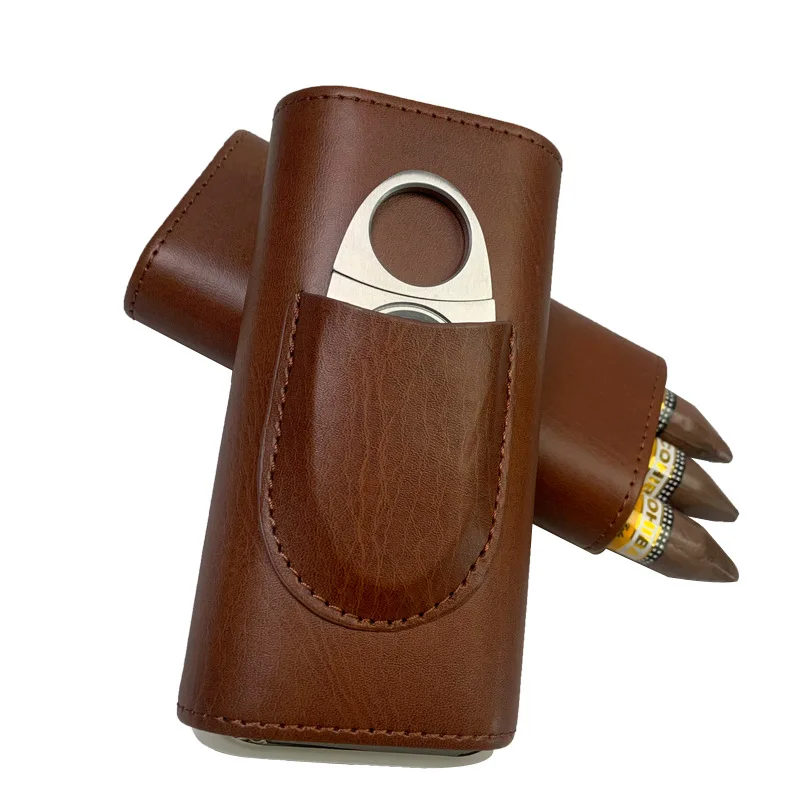 Custom Logo Cigar Boxes barrel Portable Pocket Cigar Travel Humidor Cabinet Luxury Leather Cigar Case with Cutter