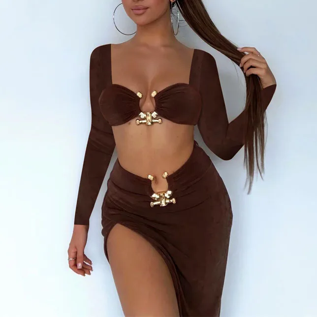 Women Long Sleeves Bodycon Dress Women Sexy Two Piece Sets New 2022