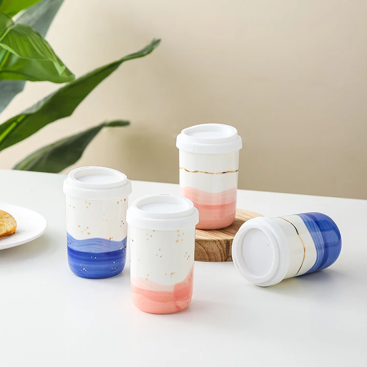 Take Away Portable Mug Reactive Glazed Customized Logo Ceramic Travel Tea Coffee Mugs With Silicone Lid