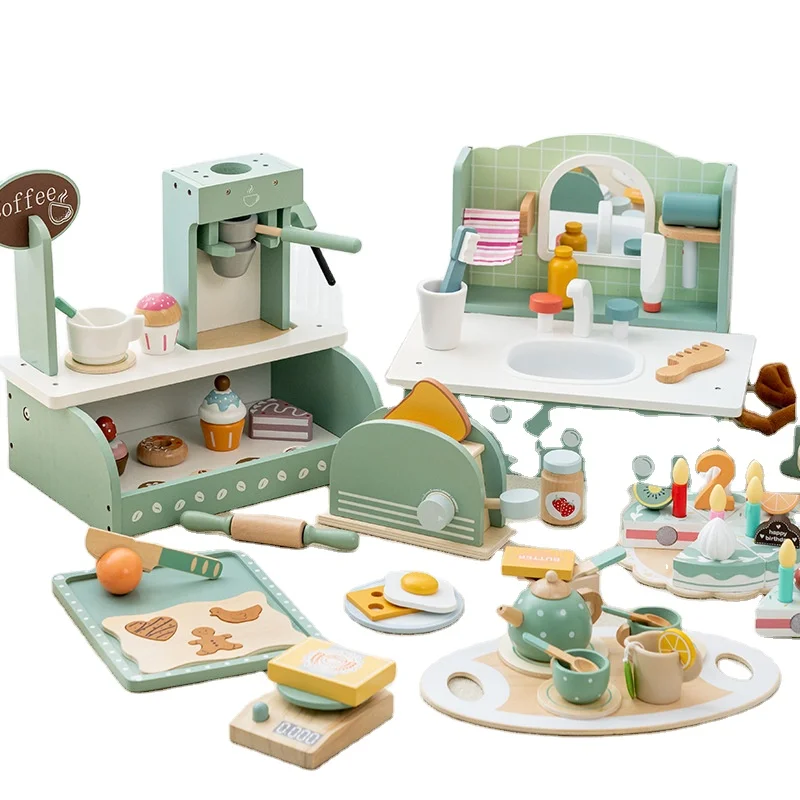 Unisex Kids Artificial Play House Set Wooden Coffee Machine Dessert Afternoon Tea Shop Cosplay Sales Store Kitchen Toys