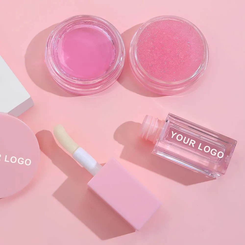 Wholesale Vegan Cruelty Free Pink Lip Balm And Scrub Trio Treatment Oil Lipcare Sets Private Label Lip Care Kit