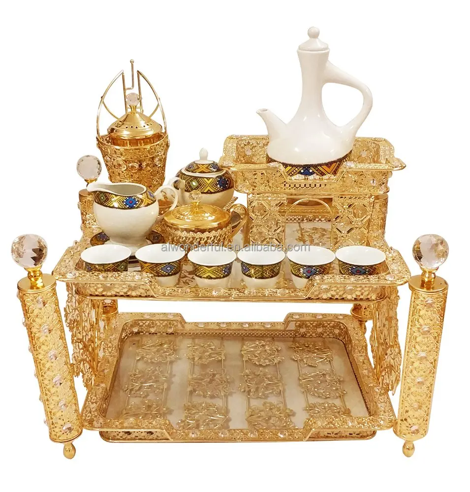 2023 new design metal tray set with porcelain tea cup and saucers