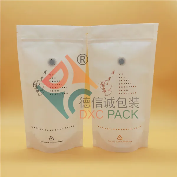 
Eco-friendly 100% Recyclable Certificated Material Stand up zipper Coffee pouch with One-way Degassing Valve 