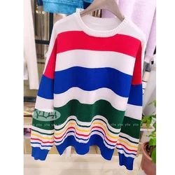 Rainbow Stripe Long sleeve European and American style sweater with Striped pattern and soft sweaters women
