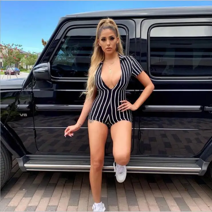 TOB 2020 Summer Rompers Hot Selling Women Sexy V Neck Short Sleeve Striped Club Casual Jumpsuits DZ014 Bodycon Jumpsuit Rompers