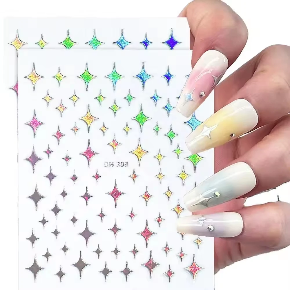 BeQueen Holographic Gold Silver Star Moon Heart Neon Nail Decal Ultra-Thin Waterproof Self-Adhesive 3D Nail Sticker Multiple