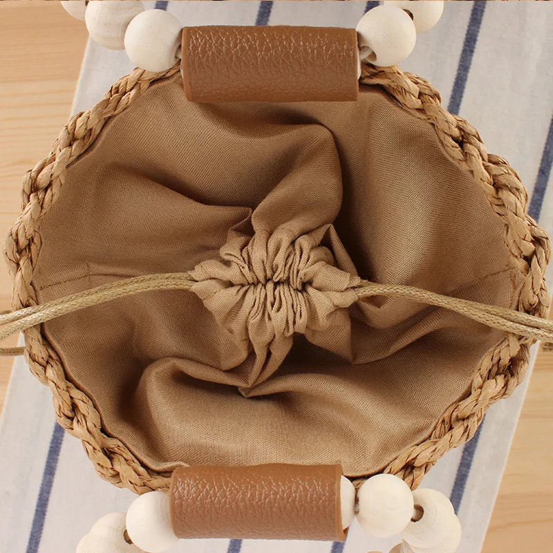 Women Boho Summer Beach Handwoven Straw Tote Bucket Bag with Wooden Beads Round Handle
