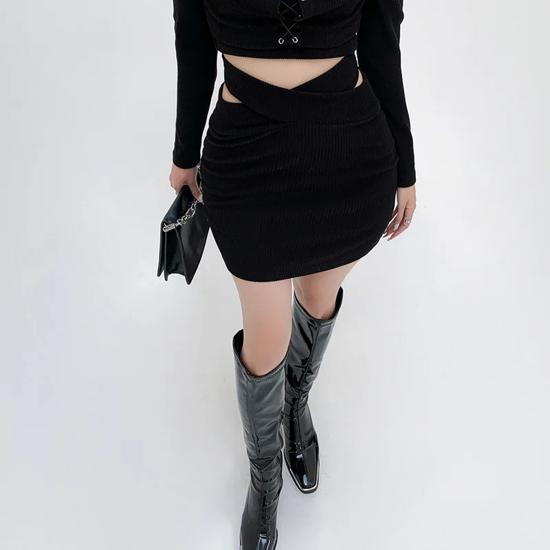 2022 new summer fashion European and American sexy elegant cross elastic high waist solid color mini knitted hip short skirt