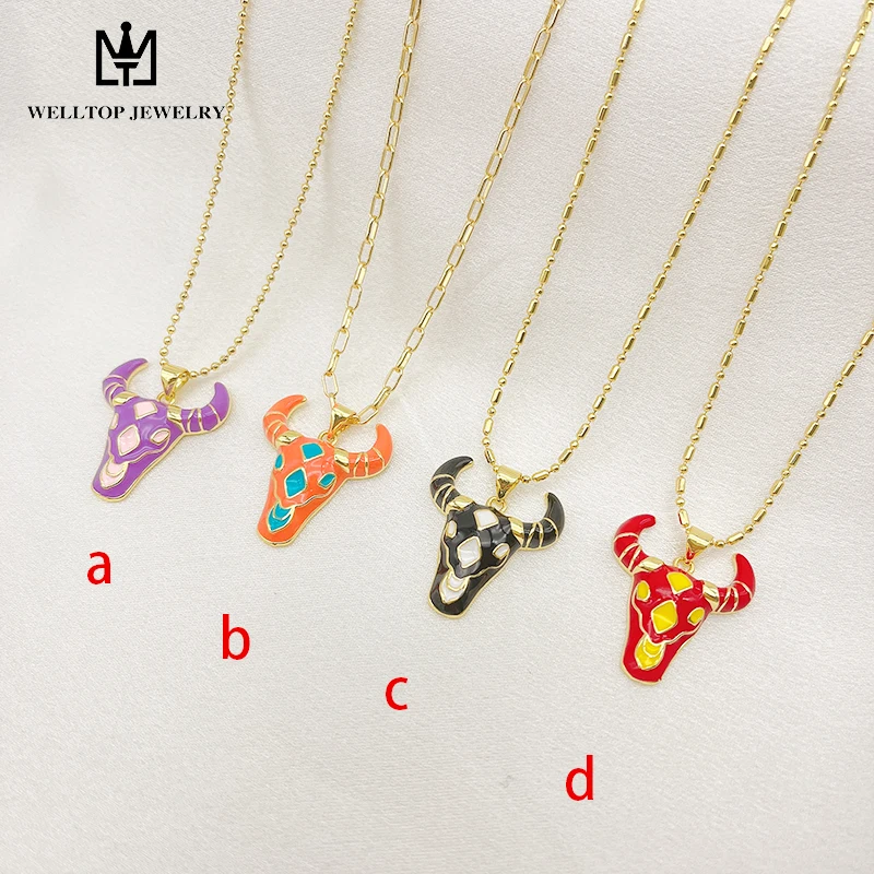 18k gold plated colorful oil dripping bull head necklace