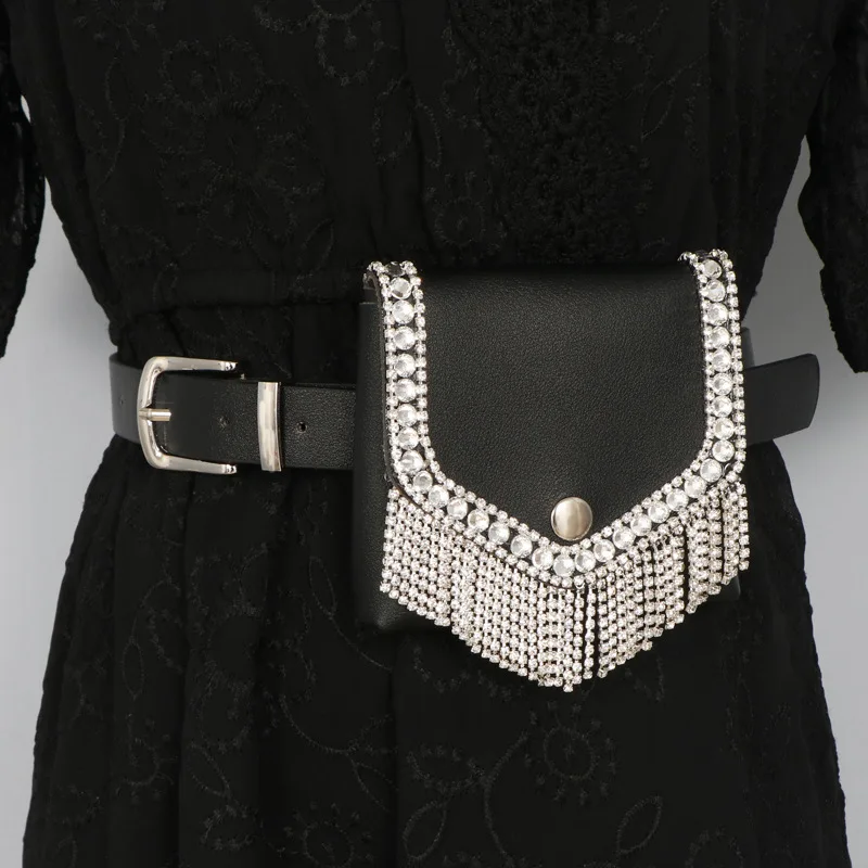 Wholesale PU Leather Diamonds Waist Belt Bag Lady Purse Crystal Rhinestones Rivet Fanny Punk Waist Belt Bags Women