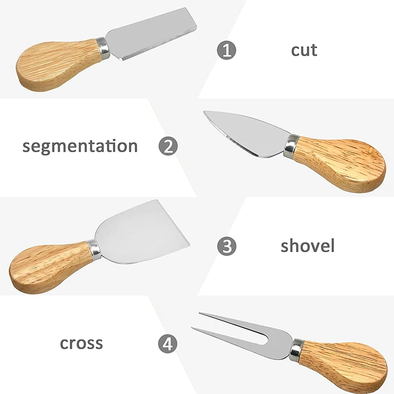 High quality 4 pieces cheese knife round wood folder cheese board set with wood handle