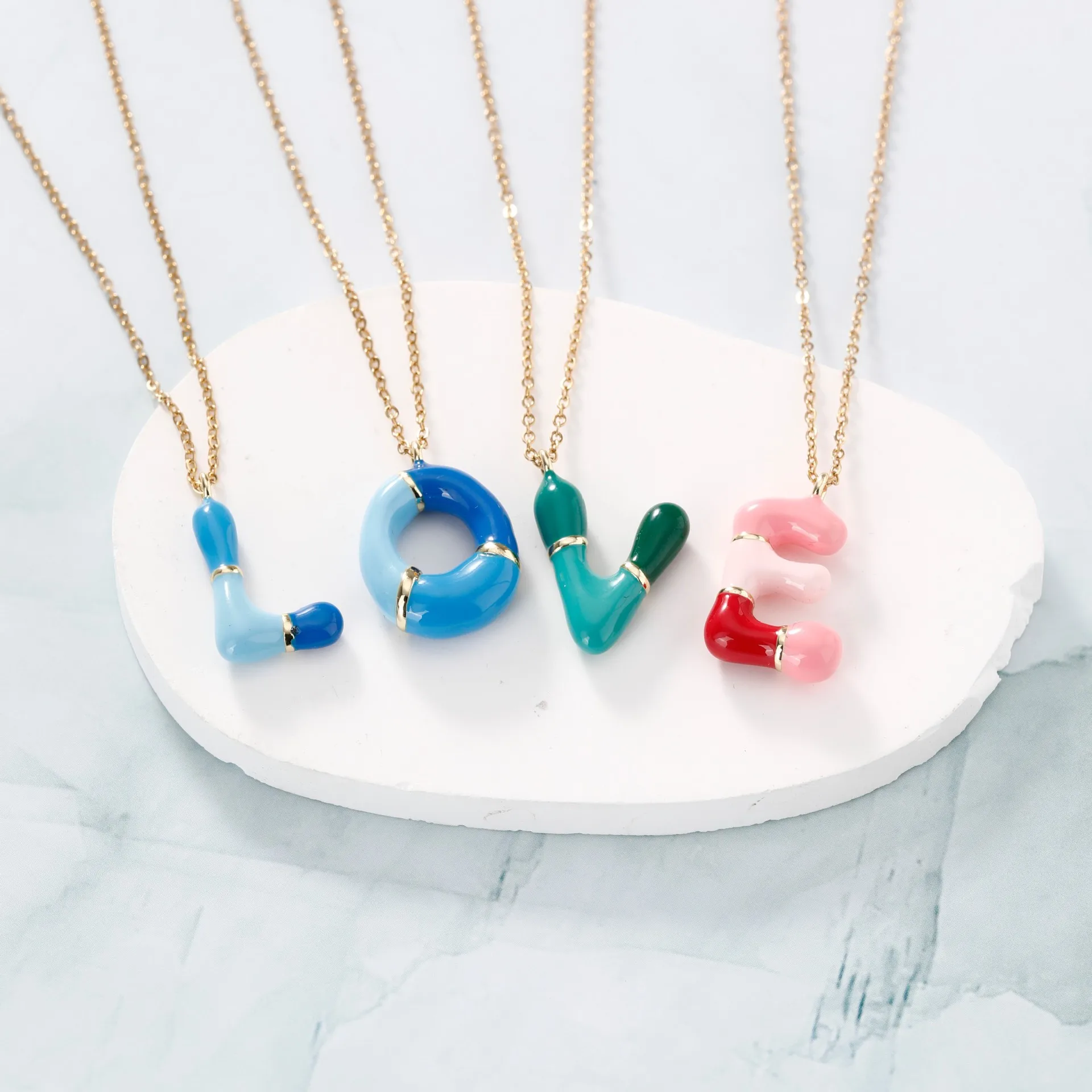FY  Fashion Jewelry Necklace Cute Bubble Balloon Shape Colorful Enamel A to Z Initial Letters Pendant Necklace For Women