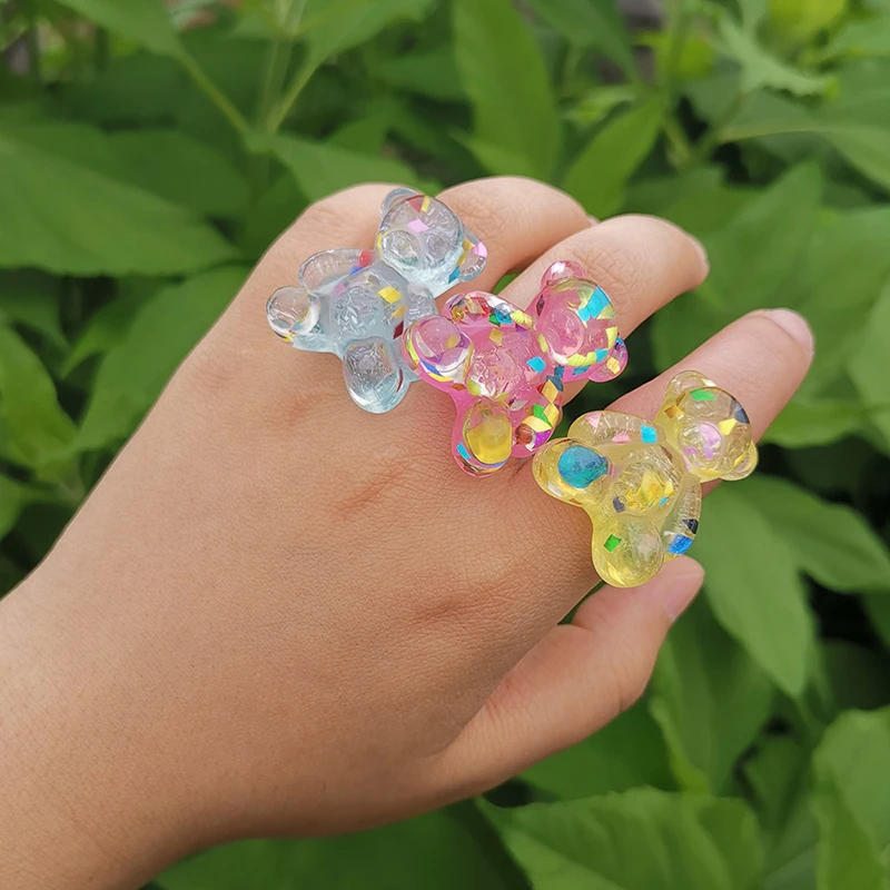 New arrival fashion custom acrylic resin bear ring jewelry colorful big gummy for