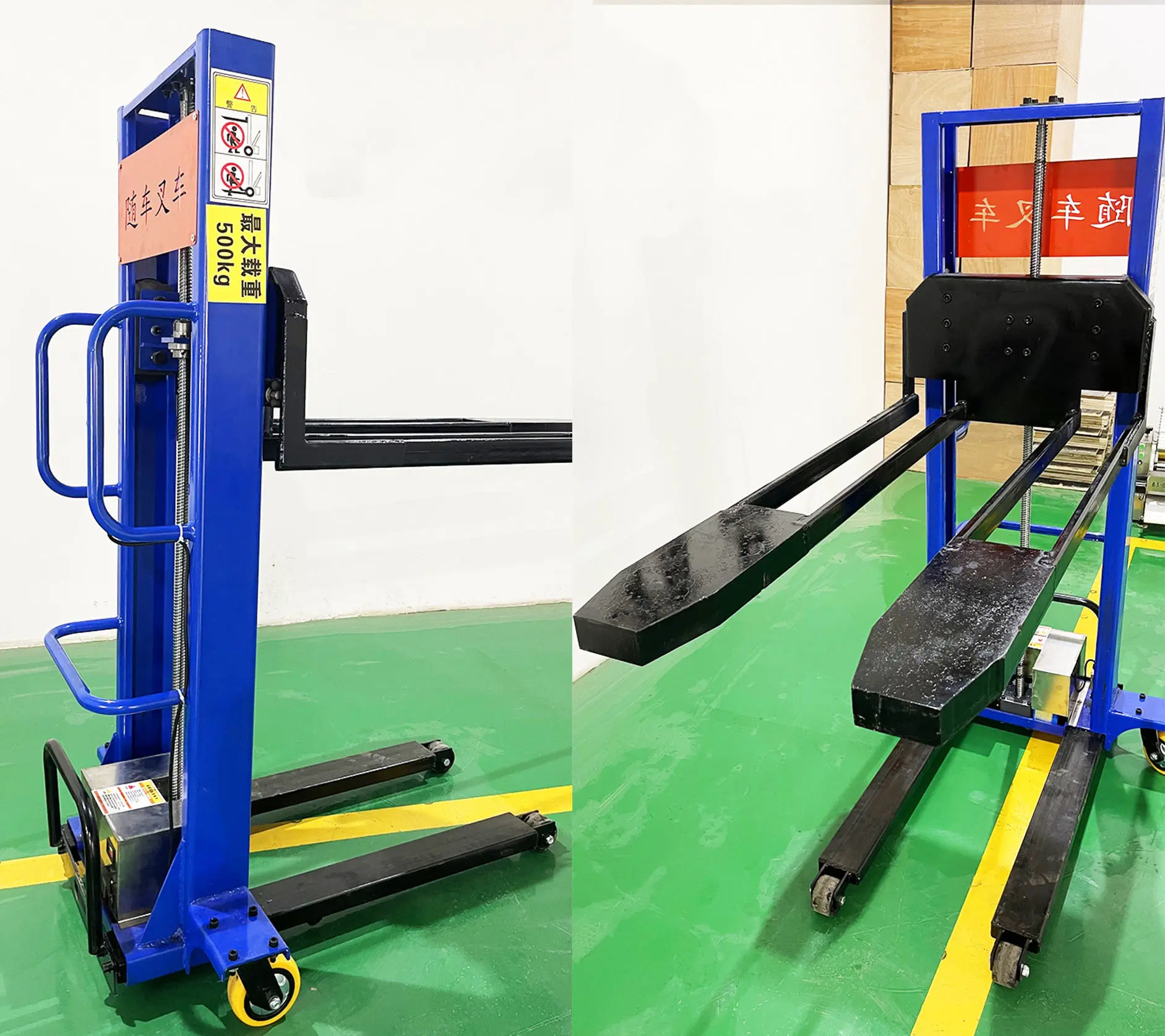 500kg 1000kg self loading portable forklift 1500kg mini small hand manual semi electric self load lifting stacker