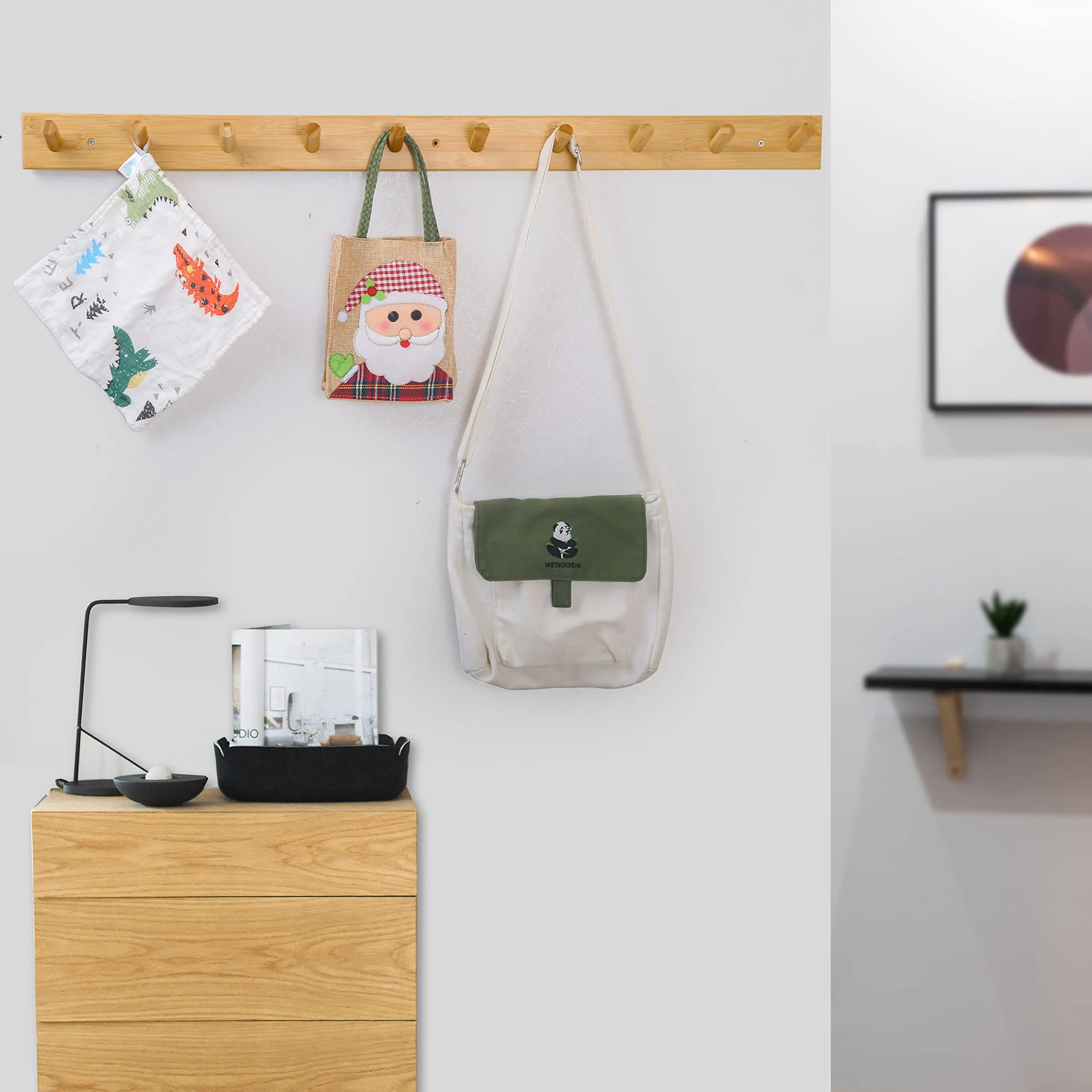 Wood Coat Rack Wall Mounted,10 Peg Long Bamboo Hook for Hanging Backpack Coat Towel Hat