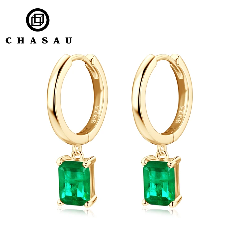 14K gold plated 925 Sterling Silver Radiant Cut Emerald Gemstone Drop Hoop Earrings For Women