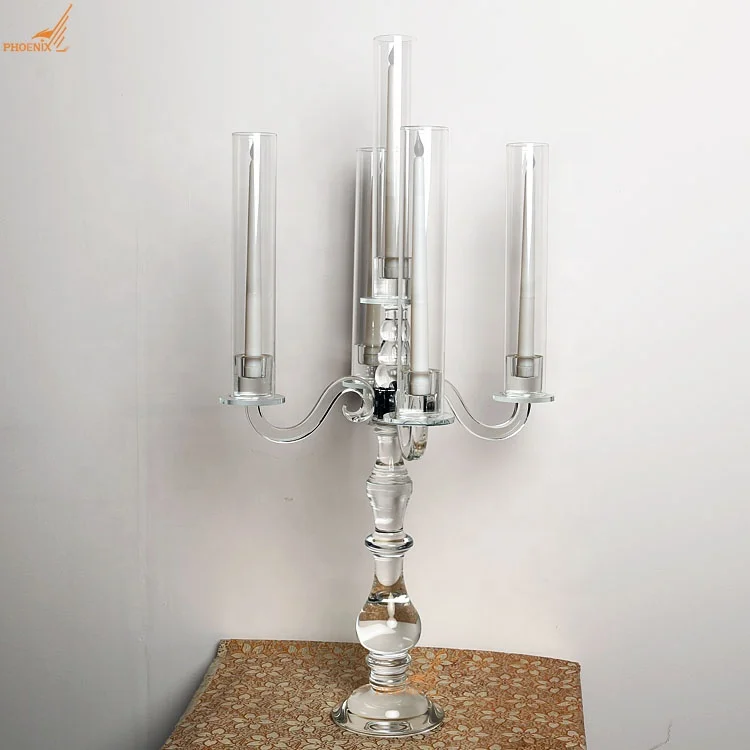 Popular cheap price 5 lights elegant 80cm tall crystal glass candelabra glass tubes candleholders wholesale
