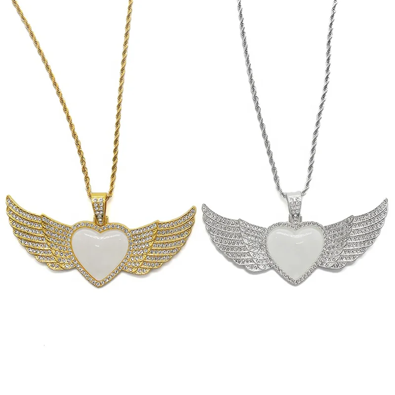 Custom Jewellery Photo Diy 2022 New Heart Angel Wing Hip Hop Jewelry Pendant Necklace Sublimation Wing Necklace Blanks