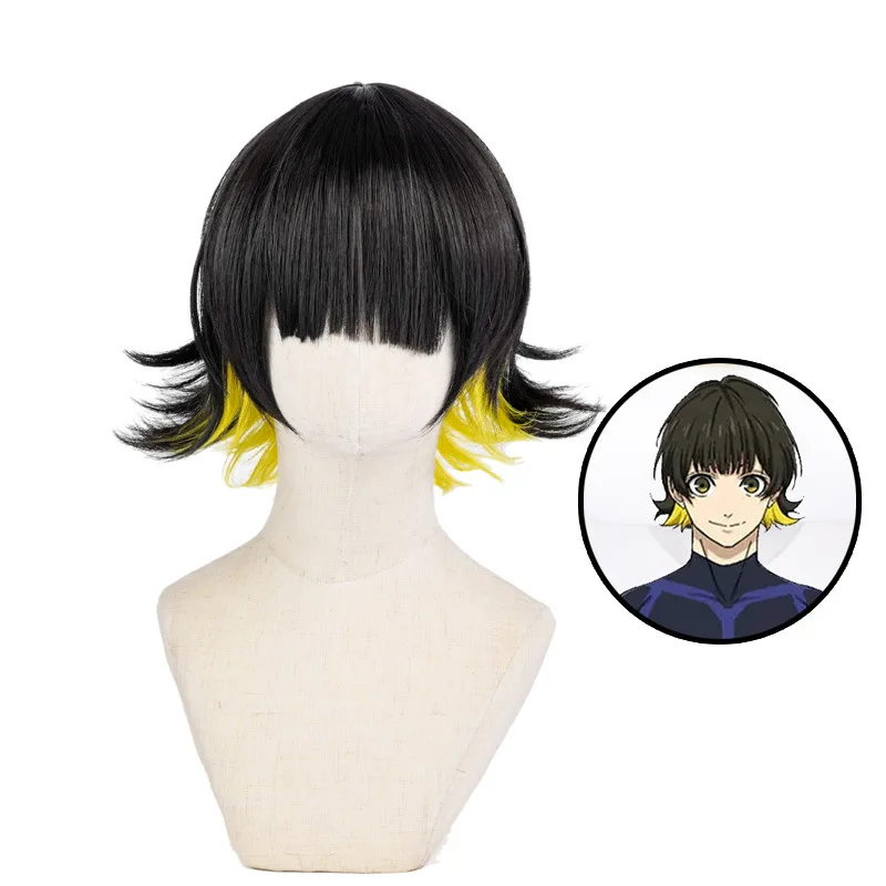 Cosplay Synthetic Party Heat Resistant Hair Wig Wholesale 14' Short Black Yellow Mixed Blue Lock Anime Bachira Meguru Wig