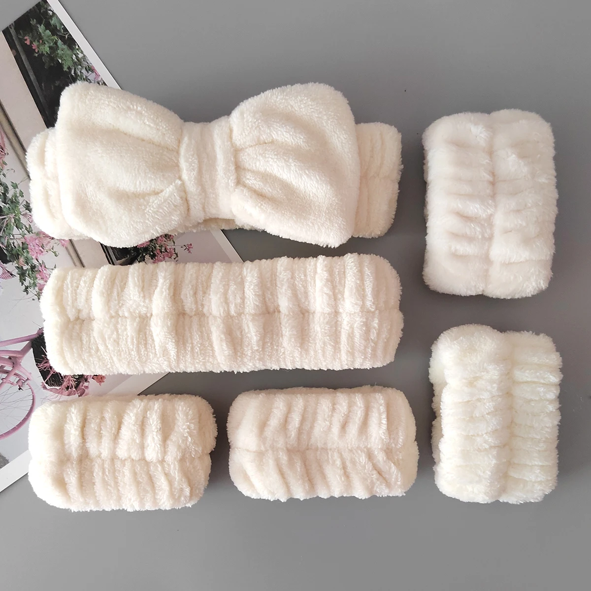 High quality spa solid color bow headband, flannel soft face and makeup wristband set