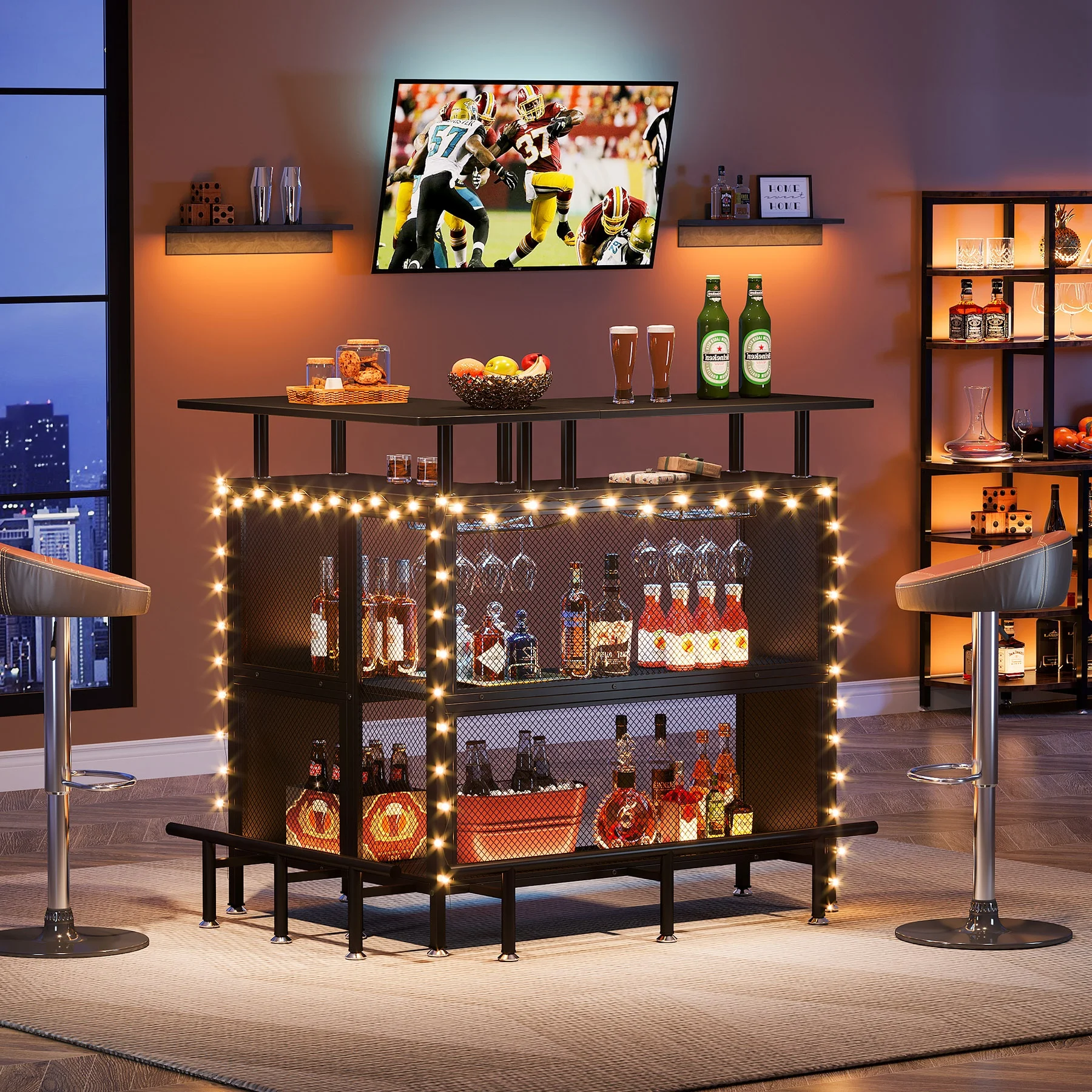 Mini Home Portable Black Liquor Cabinet Coffee Bar Unit Table with Storage and Footrest for Home Kitchen Bar Pub