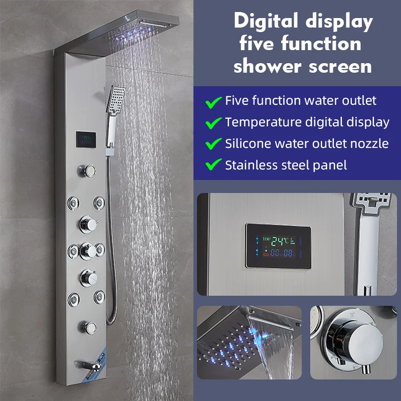 Hot Sell Bathroom Stainless Steel LED Waterfall Shower Panels Wall Mounted Black Shower Column