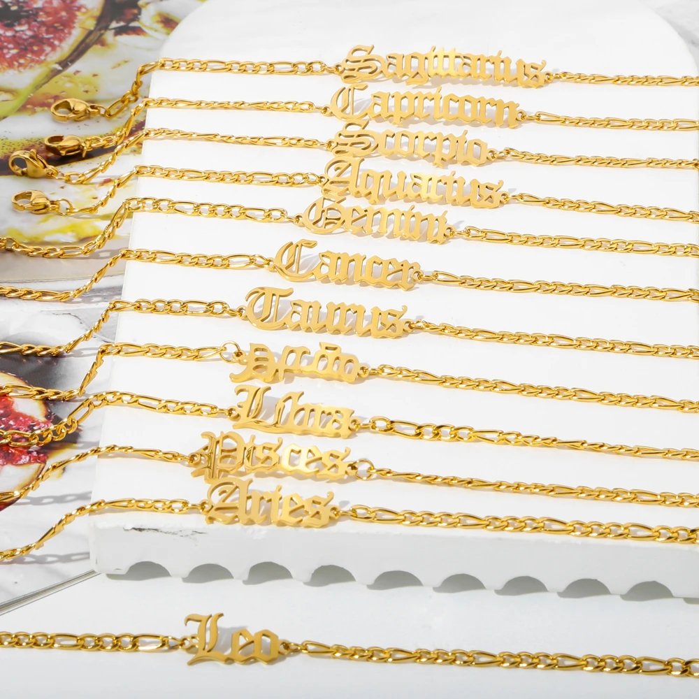 Hot Sale Zodiac Bracelet 18k Gold Plated Stainless Steel Vintage Zodiac Anklet Jewelry Bracelet for Personalized Women