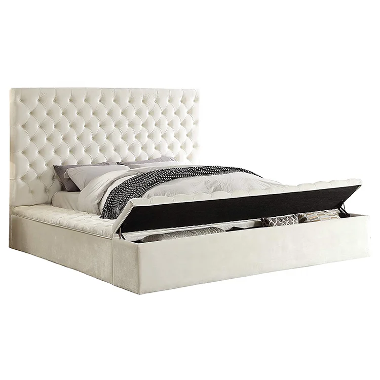Home furniture weeding queen bed frame full size king couple white fabric velvet tufted double upholstered storage platform bed