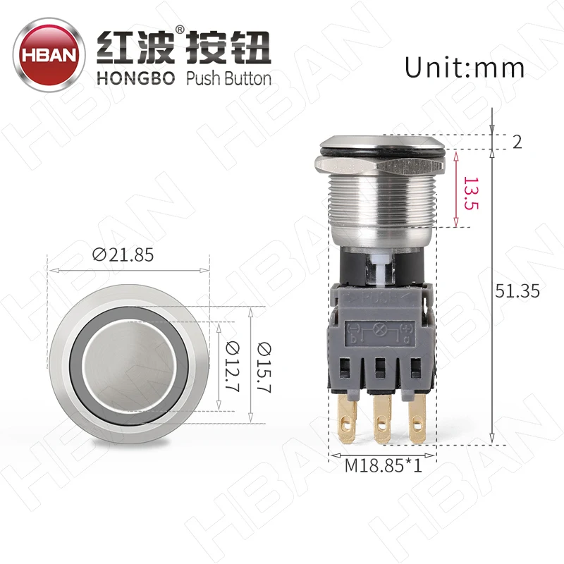 hbs1-bgq 3no3nc momentary latching 19mm round metal power symbol illuminated push button switch