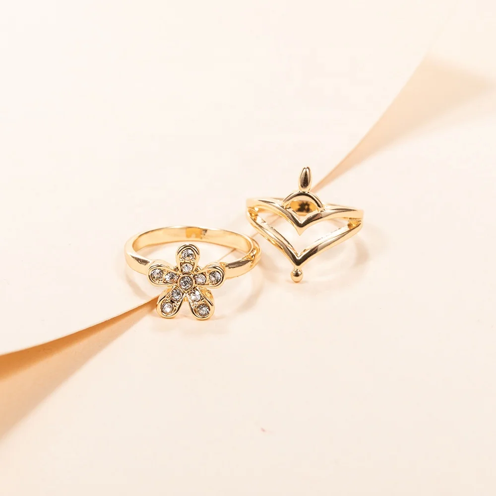 2021 Fashion new 14k 18k gold plated cute metal heart and pave rhinestone delicate set rings for women