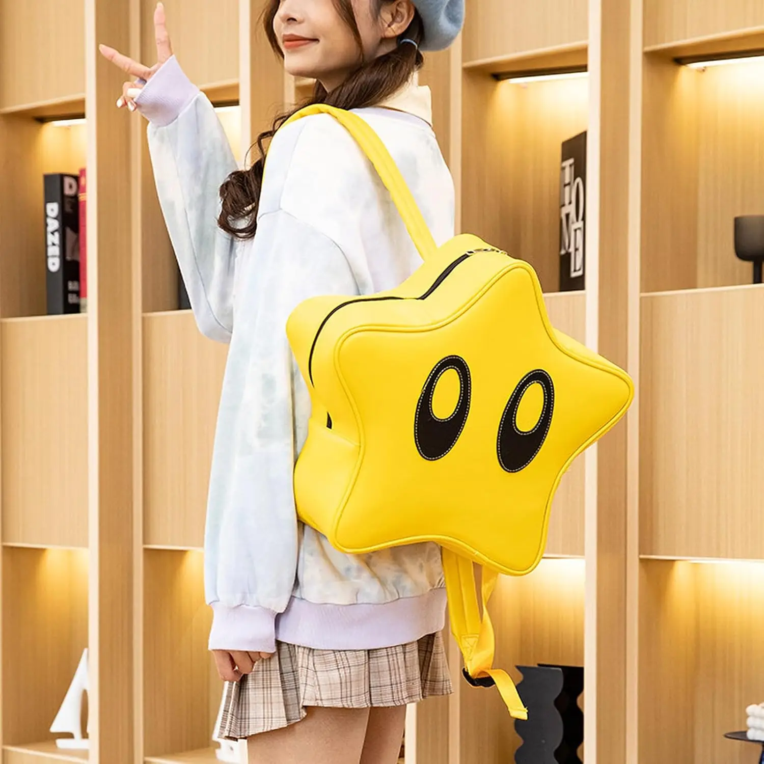 Cute Cartoon 3D Yellow Star Backpack Y2K Lightweight Waterproof Bookbag Daypack (Small)