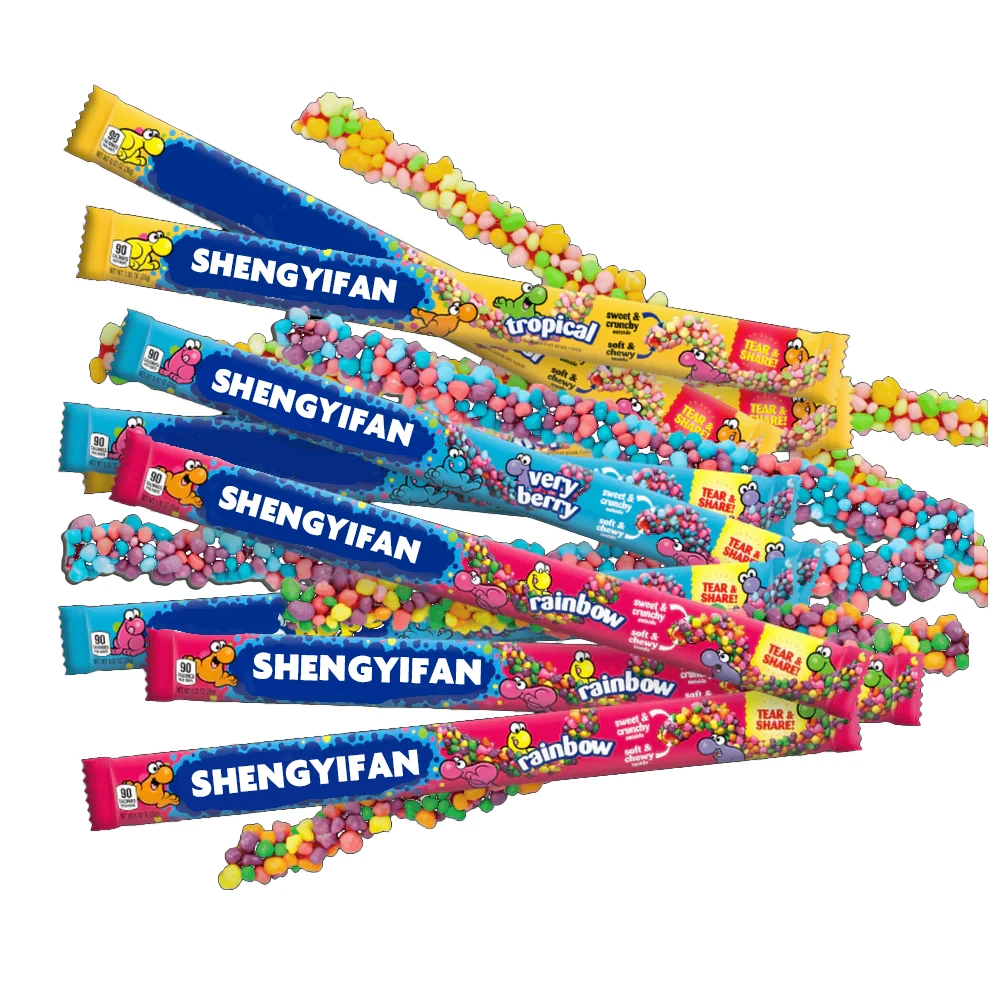 Custom Personal Label Multicolor Sour Flavour Crispy Gummy Clusters Chewy Candy Strip Fruit Granule Candy Ropes Sweets