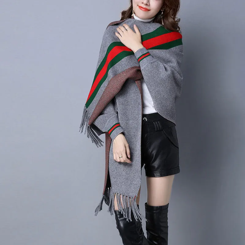 Latest Design High Quality Women Acrylic Knit Striped Pattern Cardigan Winter Cape Shawl Poncho For Womens Scarf
