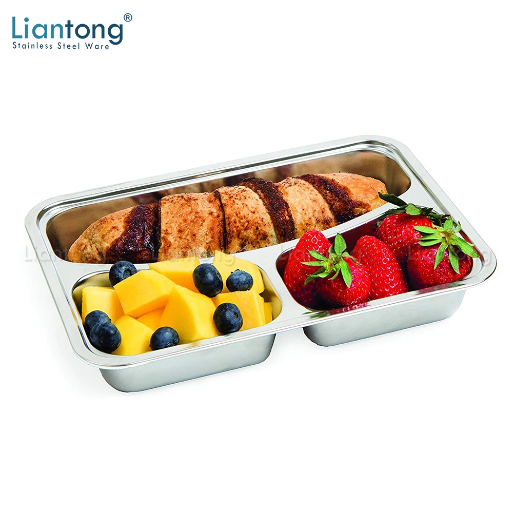 School Hospital Stainless steel 3 compartment divided fast food deep tray dinner plate lunch box tray