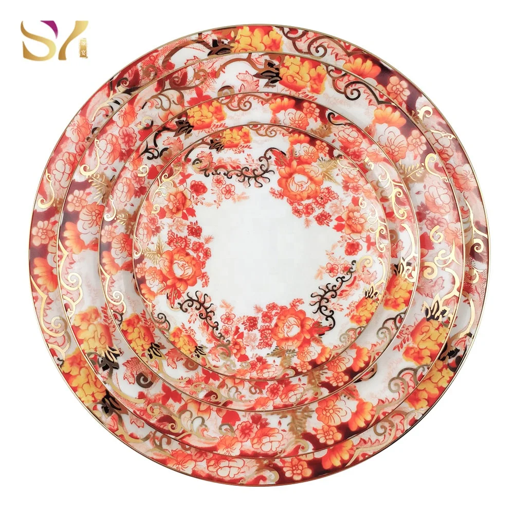 Wholesale hotel luxury ceramic china dish red gold dinner plates manufacturer