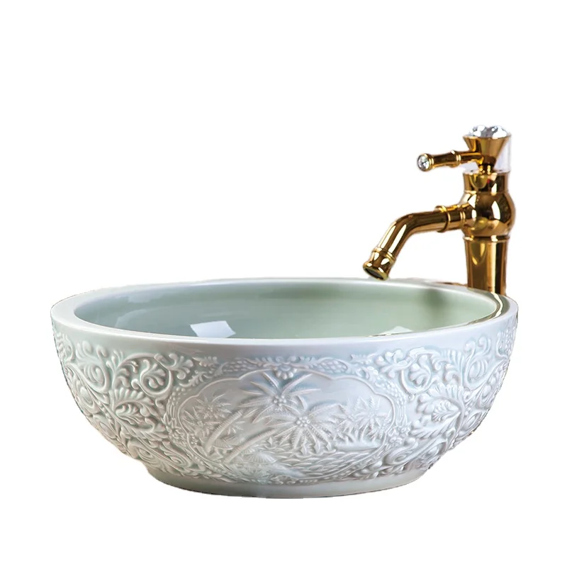 Wholesale Europe Vintage Style Lavobo Ceramic Hair Basin Round Relief Bean Green Ceramic Counter Top Wash Basin