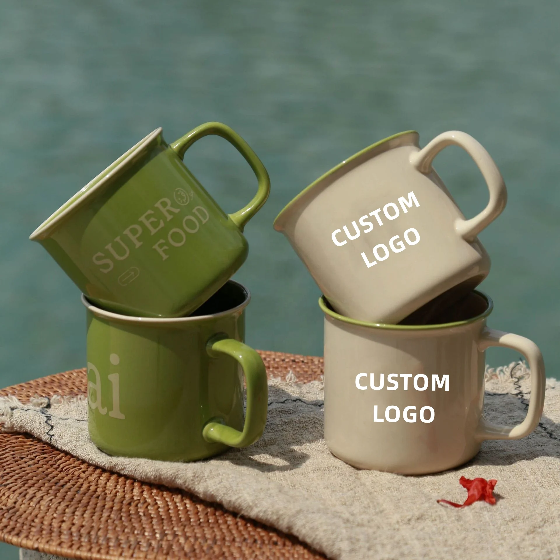OEM Cute Camping Enamel Tea Coffee Mugs Cup Gift Items Vintage Cream Color Sublimation Ceramic Mugs Customizable