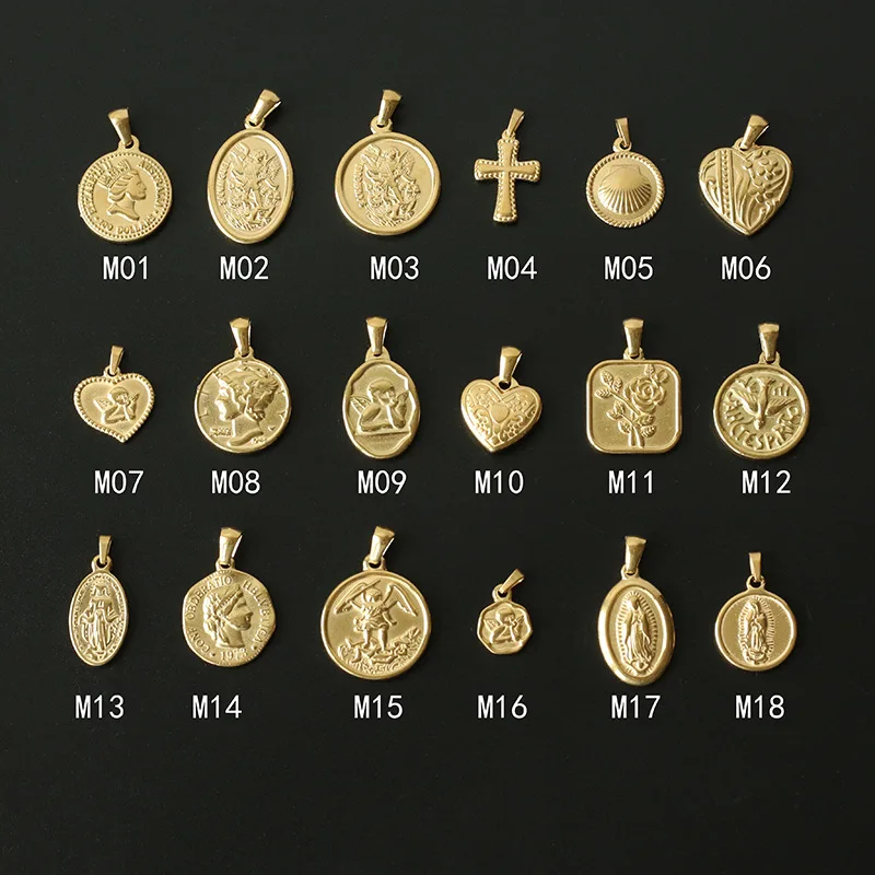 316L из нержавеющей стали, покрытой 18K Золотая монета кулон монета амулеты Иисус крест кулон сердце кулон для изготовления браслета Ассорти Ювелирные изделия для женщин ювелирные изделия
