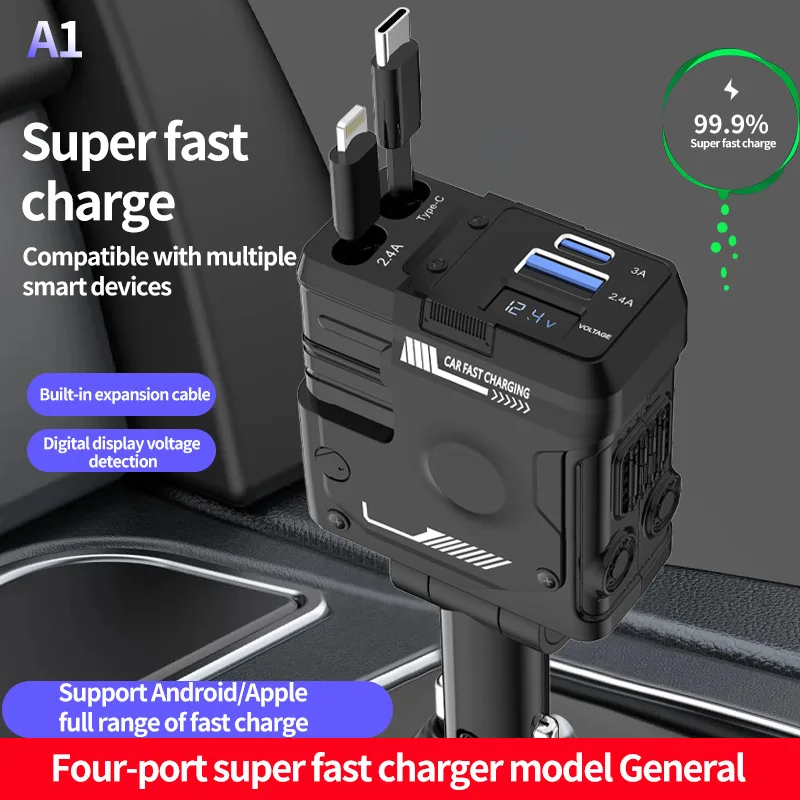 Retractable Car Charger 120W 4 In 1 Fast Car Phone Adapter With 31.5 Inch Cords Cell Phone Automobile Charger For Tablet Laptop